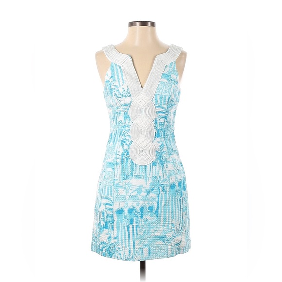 Lilly Pulitzer Dresses & Skirts - Lilly Pulitzer White Aqua Blue Cord Embelished 100% Cotton Dress Lined Sz 6